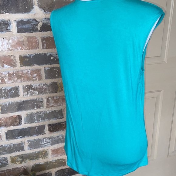 NY & Co Teal Hidden Knot Draped Wrap Top Dance Workout Knit Cutout Shoulders - Picture 4 of 11
